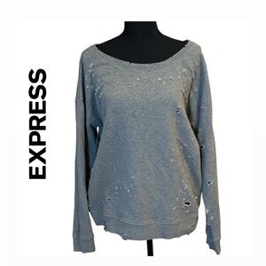 Express Light Gray Distressed Crew Neck Sweatshirt